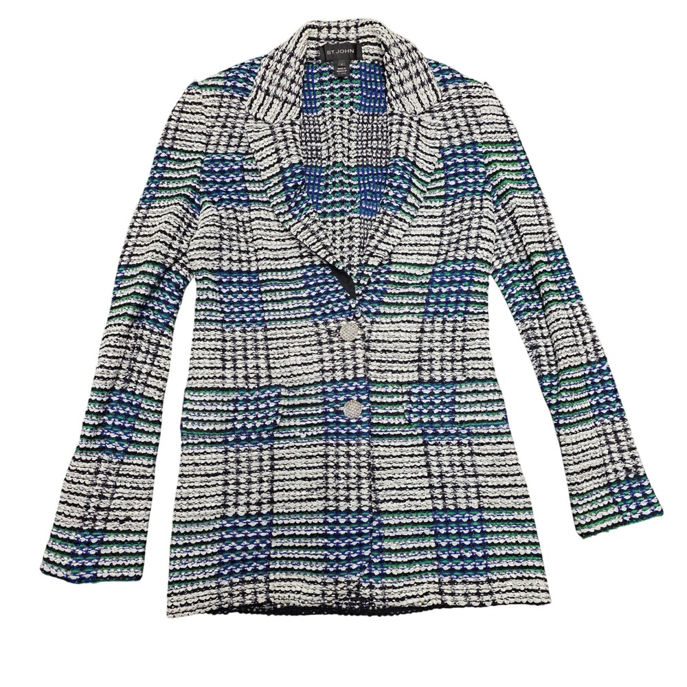ST JOHN Womens Knit Blazer Jacket Multi Color‎ Plaid Button Front Size 0